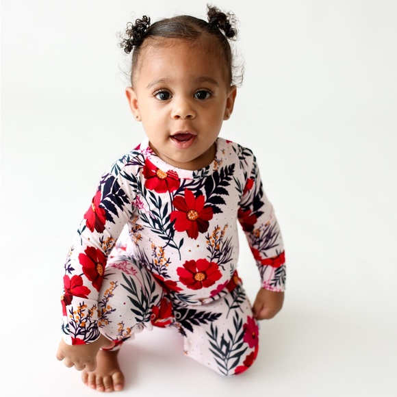 Posh Peanut Other - Posh Peanut Chloe Pink and Red Floral Bamboo Long Sleeve Romper with Ruffles